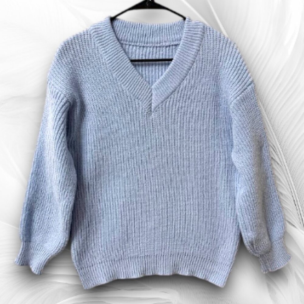 Light Blue Knit V Neck Sweater Womens Size M Cozy Pullover